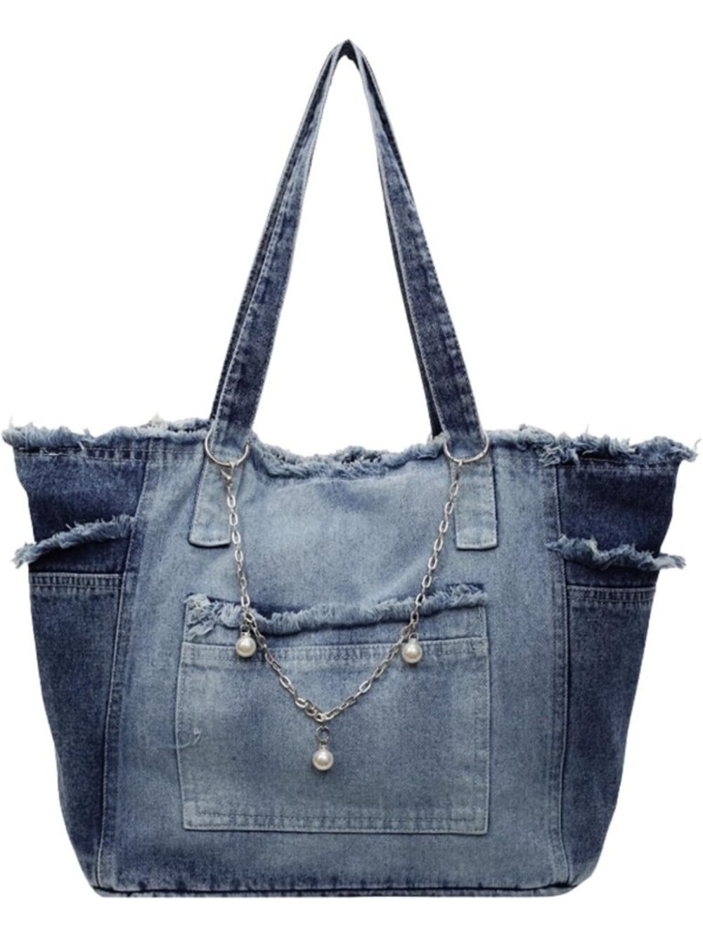 Light Blue Distressed Denim Tote Bag - Large Canvas Handbag with Zipper for